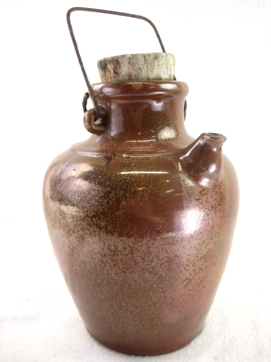 Antique Chinese (C1940) Large Brown Oil Jug With Original Wood Stopper 10.5"