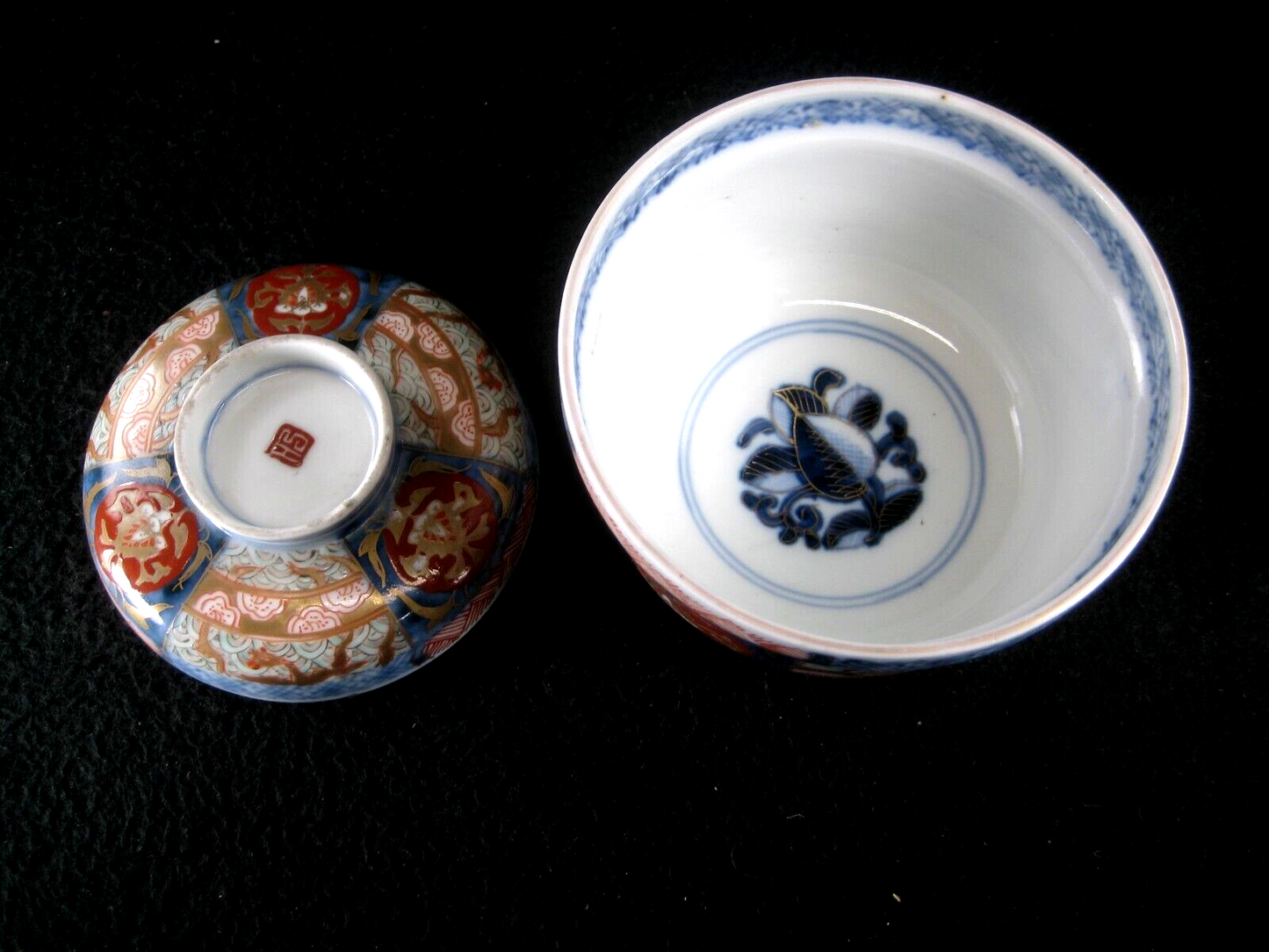 Antique Japanese (C. 1800) Lidded Ceramic Akai Imari Bowl Pheonix & Waves 4"