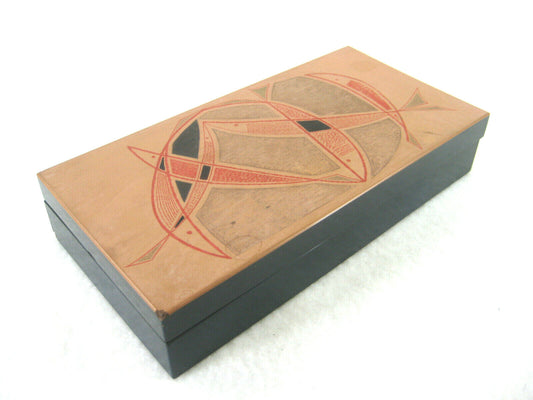 Vintage Japanese Mid-Century Modern Fish Lacquered Wood Lidded Box Salmon