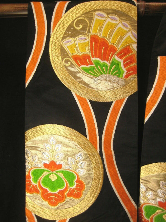 Antique Japanese Silk Maru Obi Sash For Kimono W/ Butterflies & Paulownia 13Ft