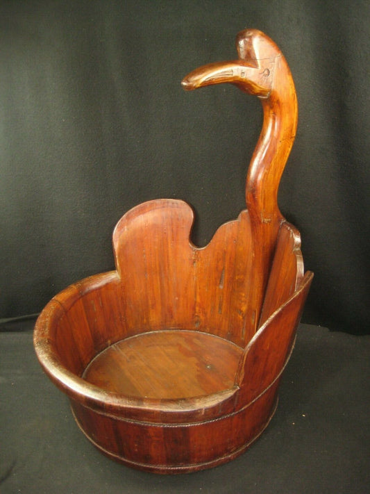Antique Japanese Meiji Era (C.1890) Wood Wash Basin W/ Crane Of Happiness Motif