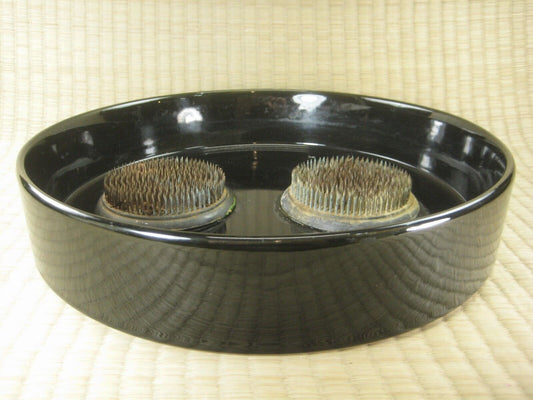 Japanese Ceramic Ikebana Vase With 2 kenzan Flower Frogs Attached Black 12.5"