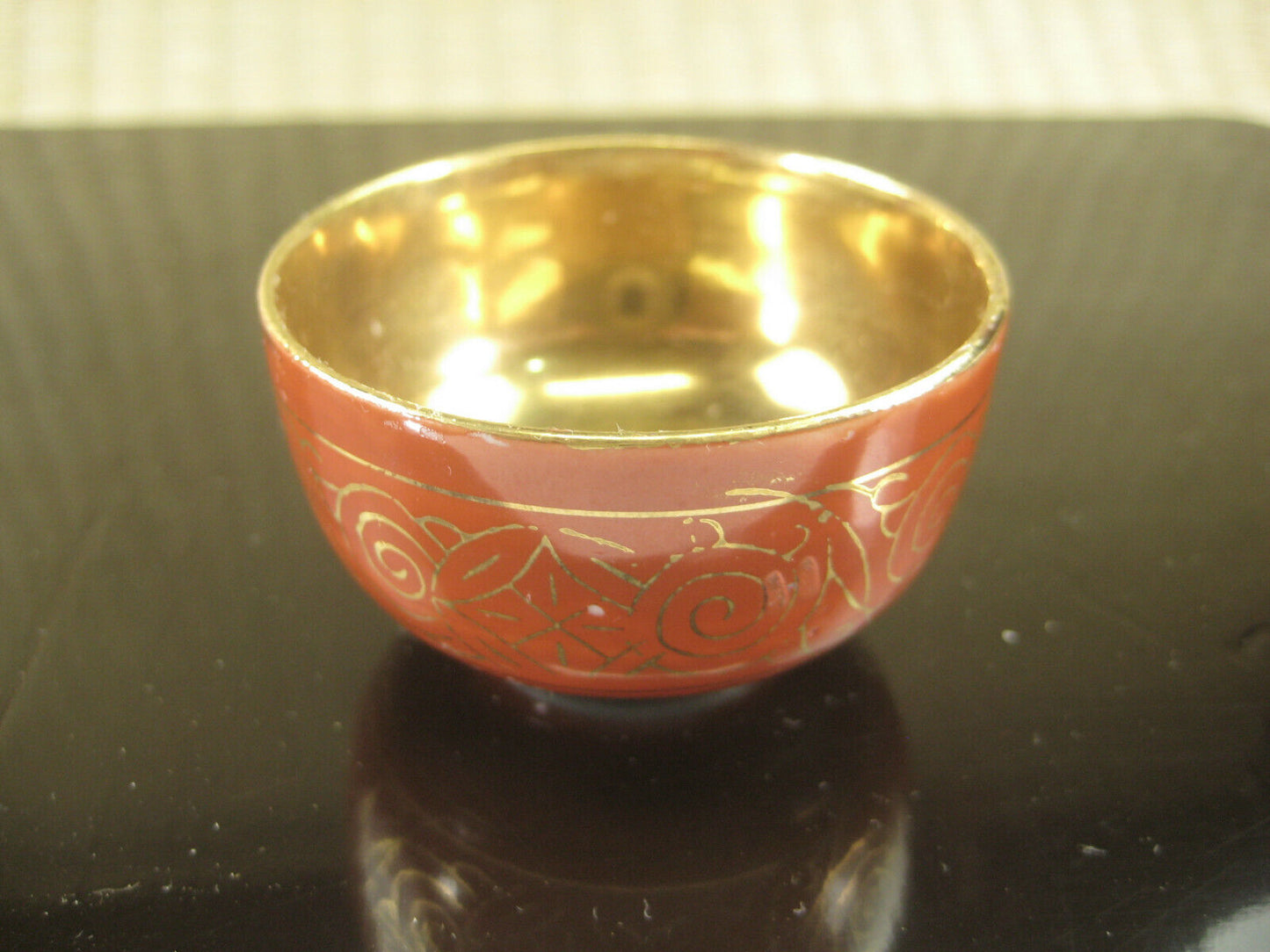 Antique Japanese (C.1900) Hand Painted Ceramic Sake Cup Red Body & Gold Bowl