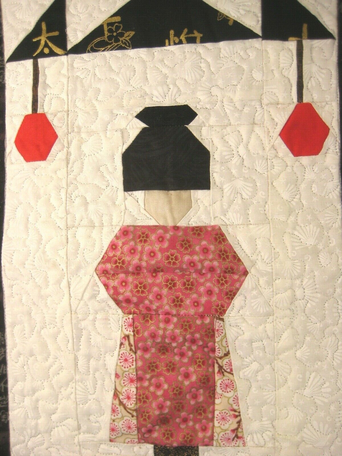 Vintage Japanese Signed Printed Cotton Stiched Quilt  Man Woman Design