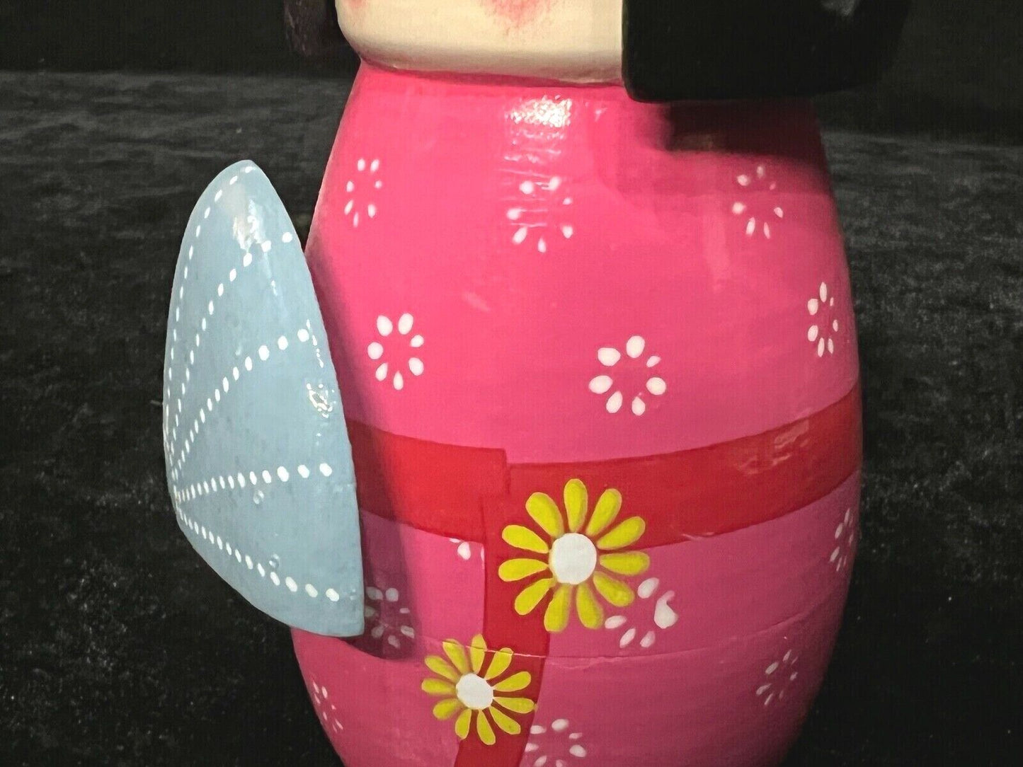 Vintage Japanese Kokeshi Wooden Doll Pink Kimono W/ Fan 5"