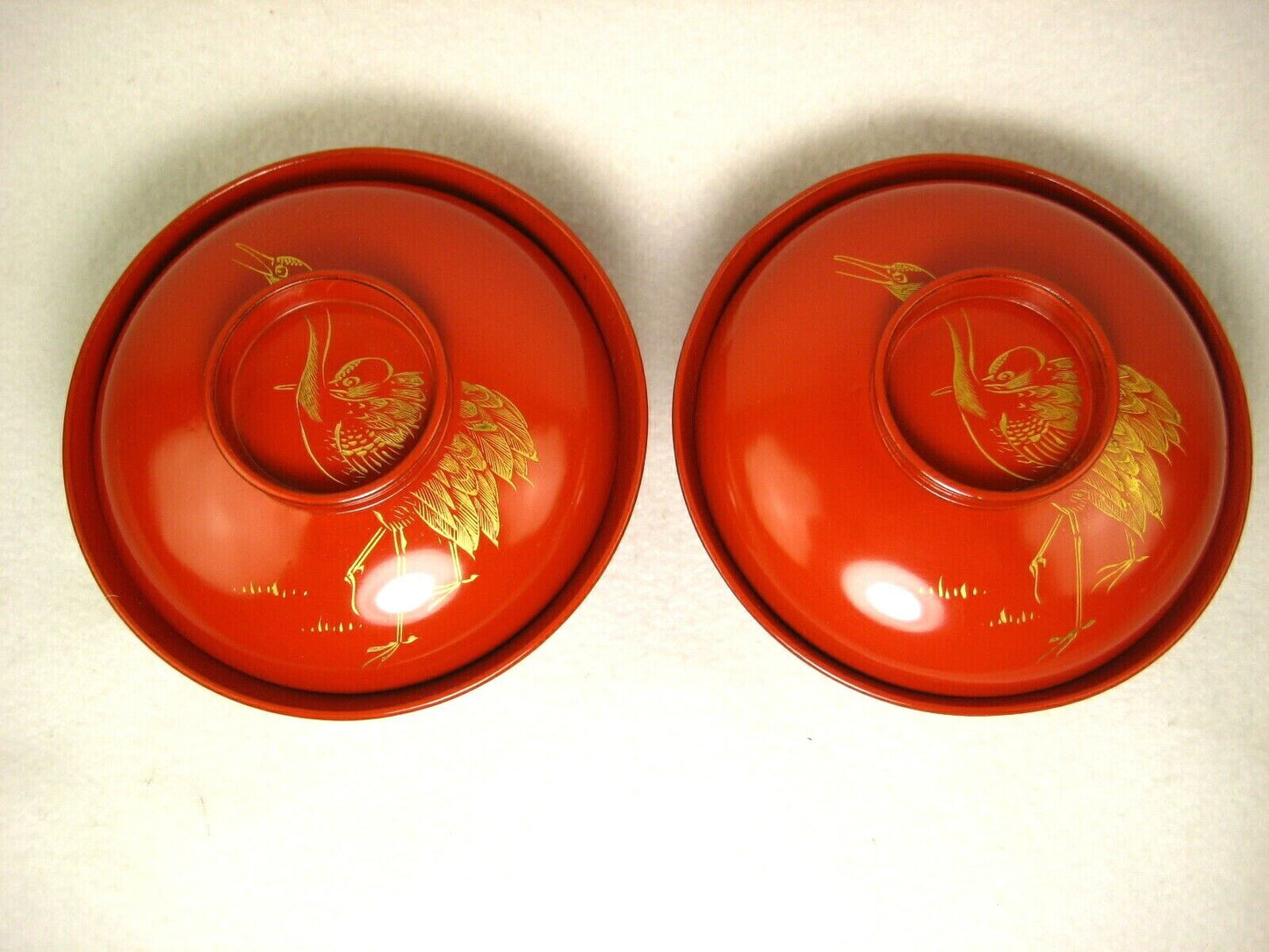 Antique Japanese Meiji Era (C1890) Pair Of Red Lacquer Bowls W/ Gold Cranes