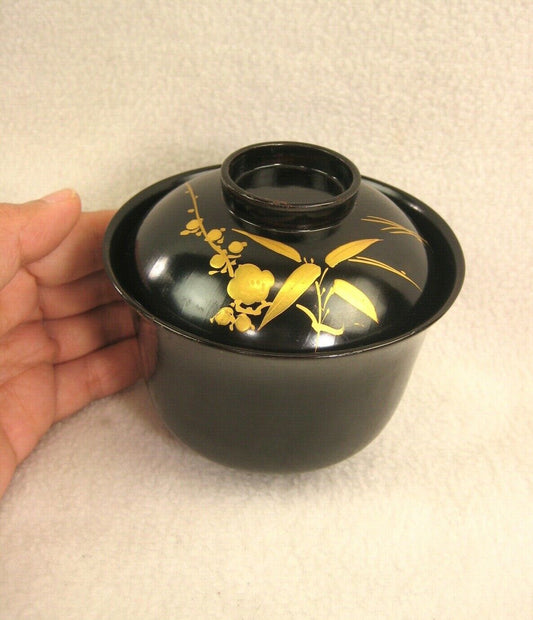 Antique Japanese Meiji Era (C.1900) Black Lacquer Lidded Soup Bowl Gold Makie