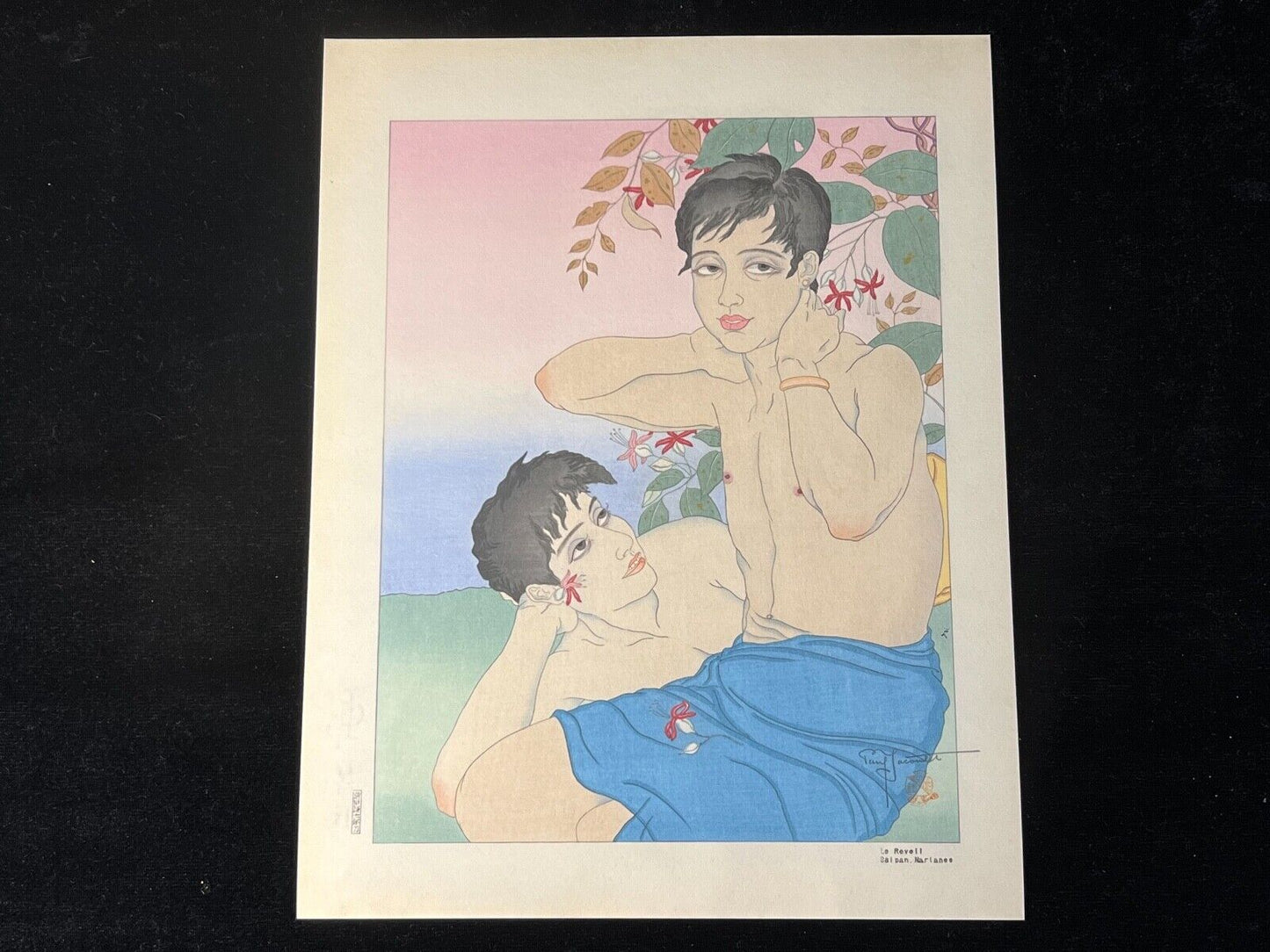 Paul Jacoulet Giclee Woodblock Print "Le Reveil" Saipan 7.75"x10"