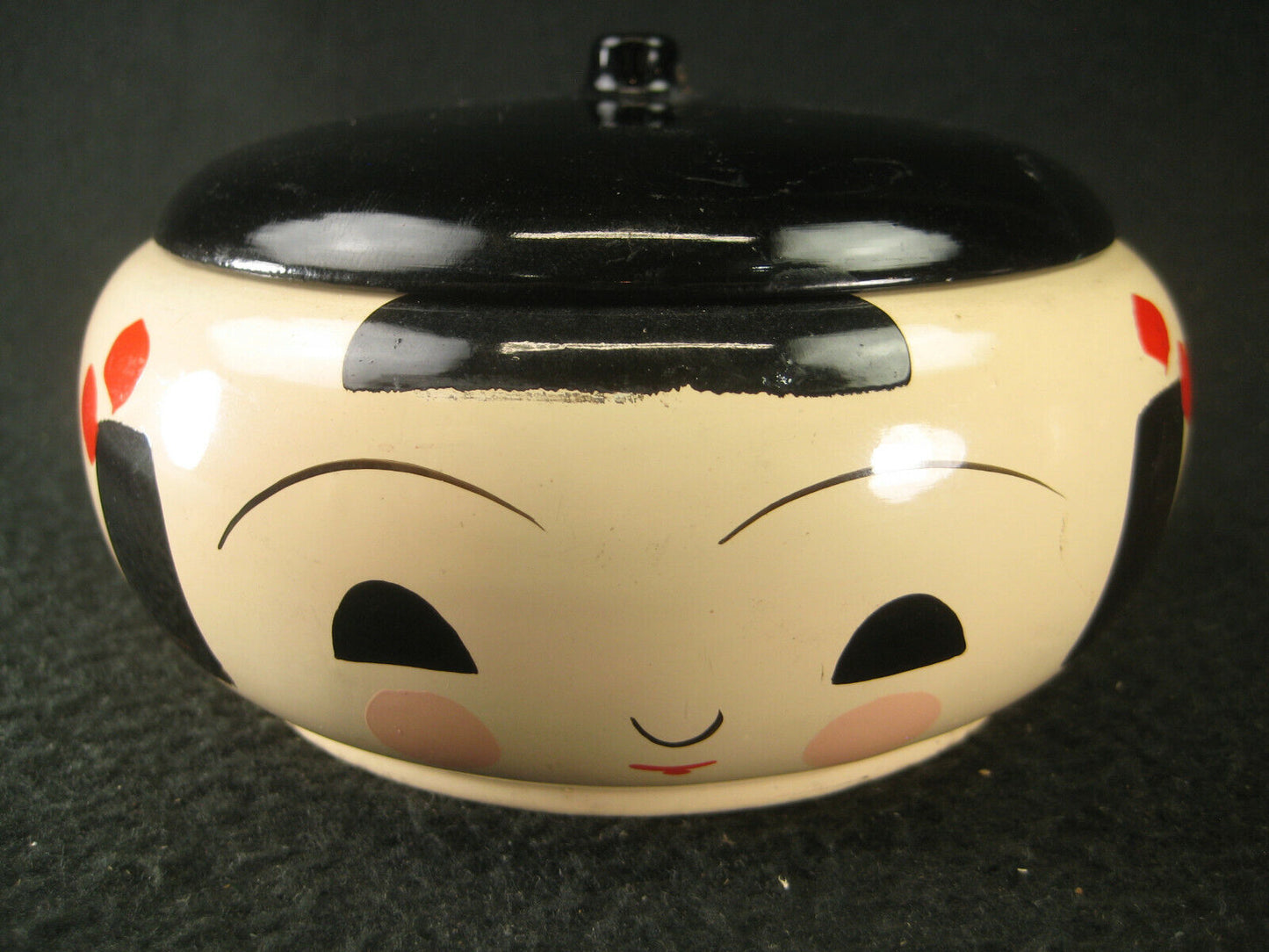 Wooden Laquer Kokeshi Head Box W/ Face Hand Painted & Lidded Cute Red Pink
