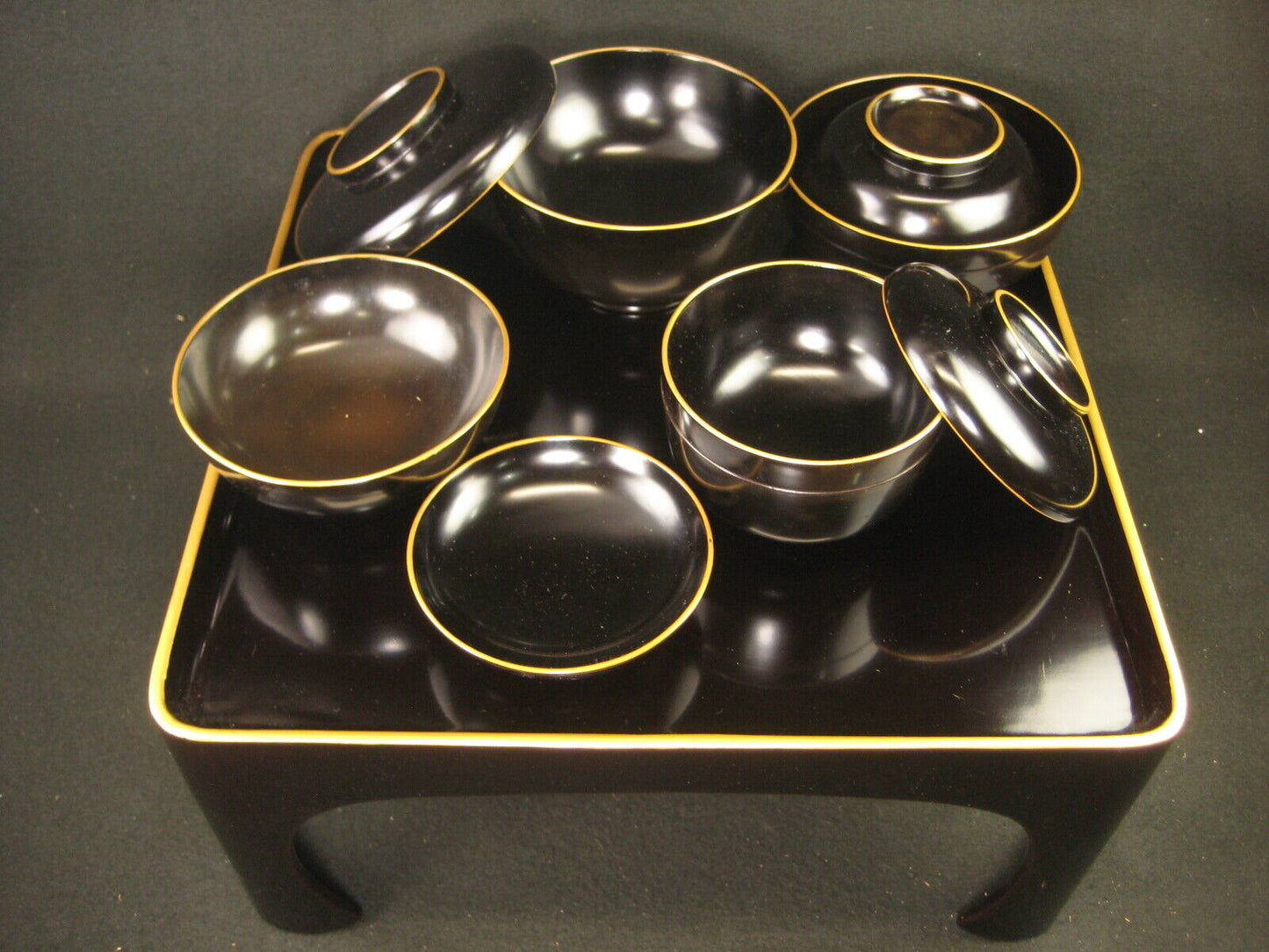 Antique Japanese Meiji Wood & Lacquer Set of 9 Obon Ozen Serving Tray & Bowls