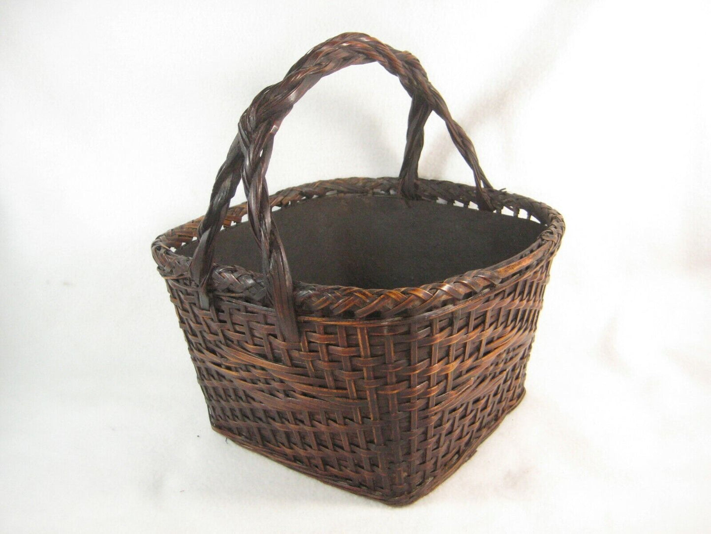 Antique Japanese (C. 1920) Tin Lined Bamboo Basket Charcoal Caddy Tea Ceremony