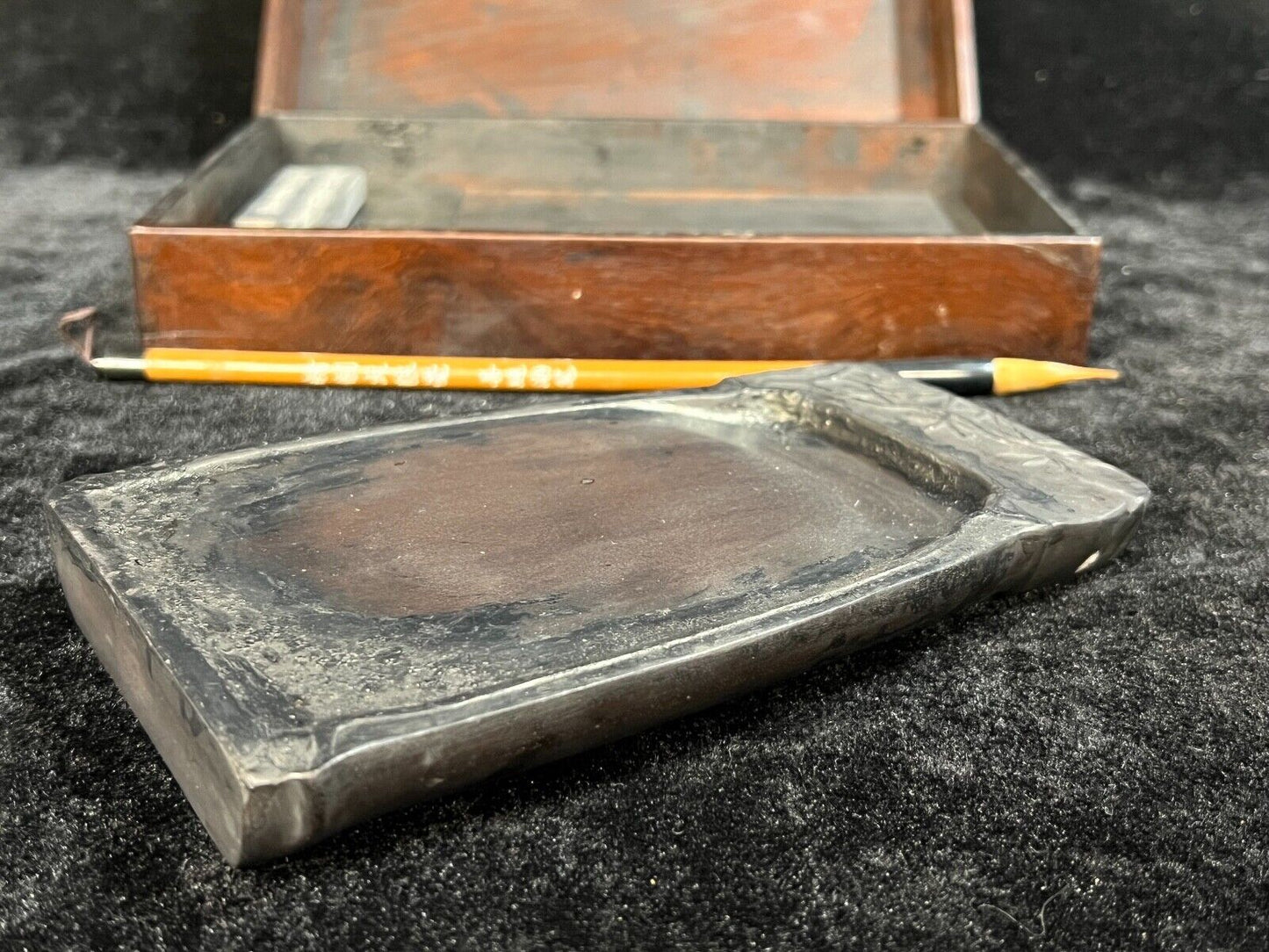 Antique Japanese Suzuri Ink Stone W/ Presentation Box Brush & Sumi Ink Stick