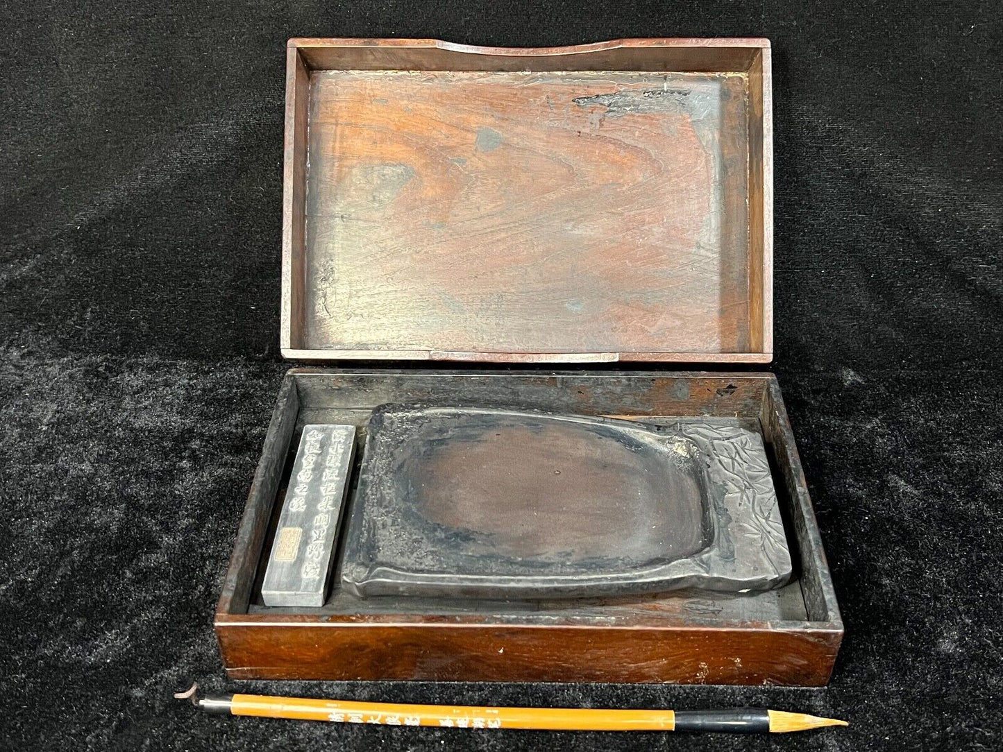 Antique Japanese Suzuri Ink Stone W/ Presentation Box Brush & Sumi Ink Stick