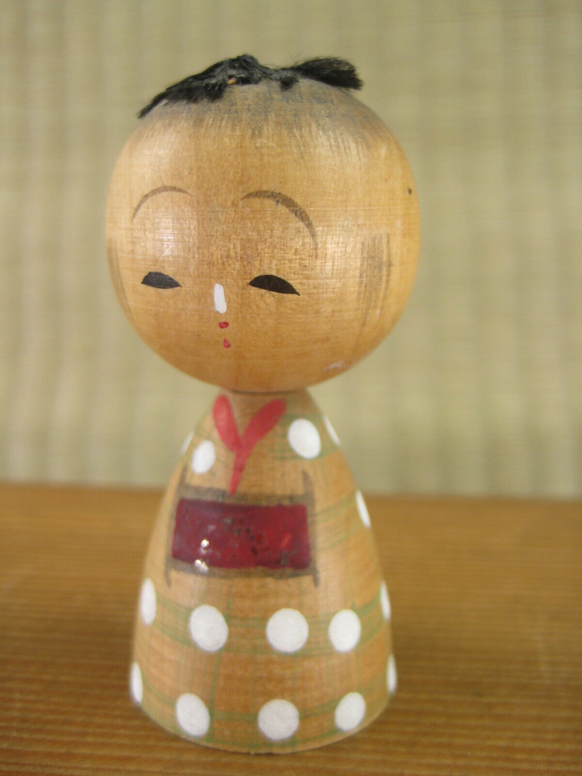 Vintage Japanese Kokeshi Small WoodenDoll White Polka Dot 3"