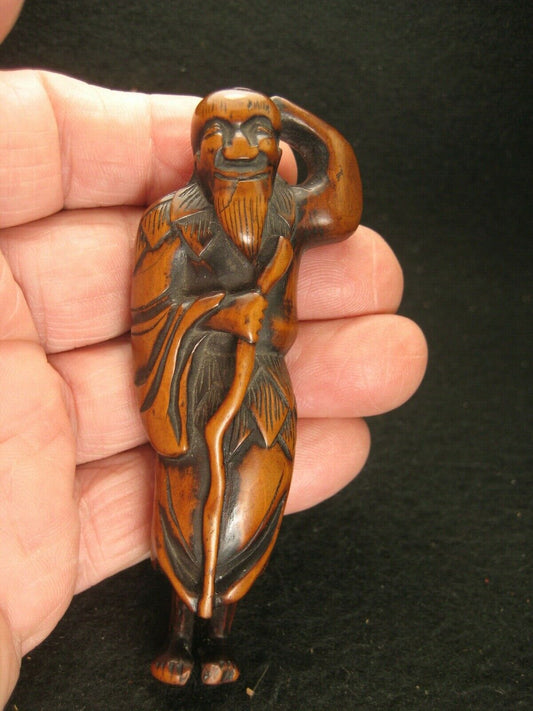 Japanese Antique Edo Era (C. 1700) Boxwood Netsuke Gama Sennin With Staff