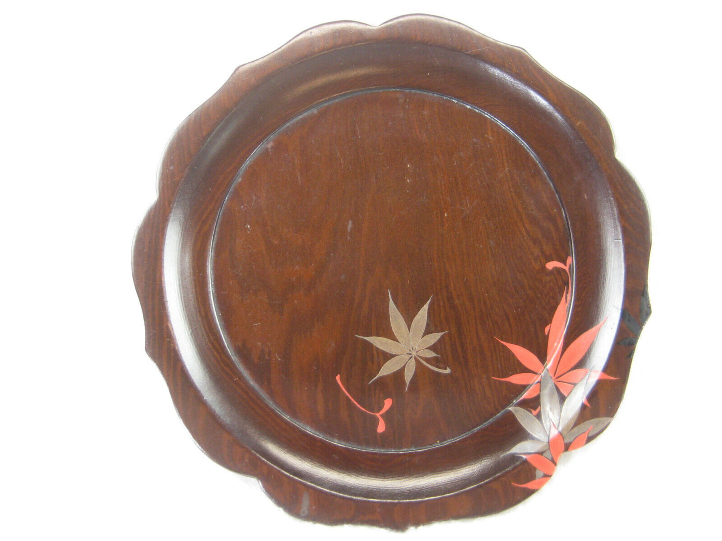 Japanese Set Of 5 Dark Wood Grain Hand Painted Maple Lacquer Small Plates 6"