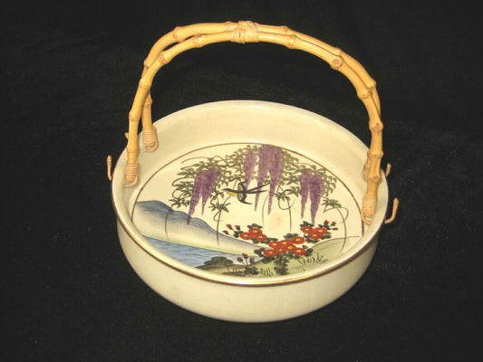 Antique Japanese Imari Ceramic Kutani Style Hand Painted Bowl Bamboo Handle 8"
