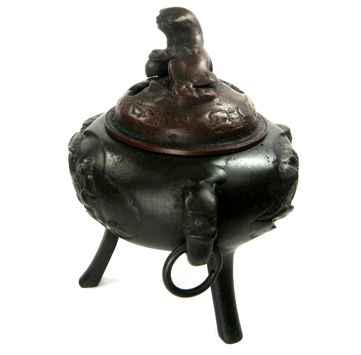 Japanese Bronze Koro Incense Burner W/ Foo Dog & Elephant Ring Handles 5"