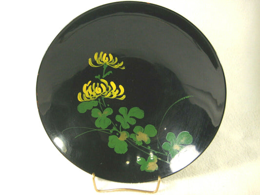 Vintage Japanese Hand Decorated Cdgc Bowl 8" Resin Black W/ Yellow Flowers