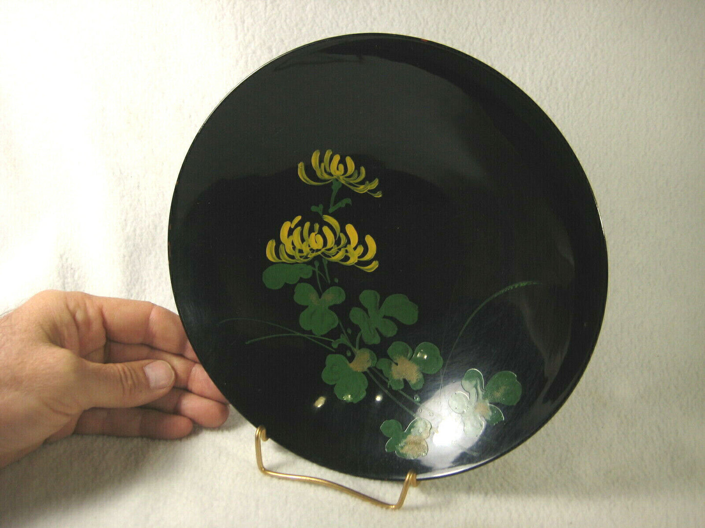 Vintage Japanese Hand Decorated Cdgc Bowl 8" Resin Black W/ Yellow Flowers