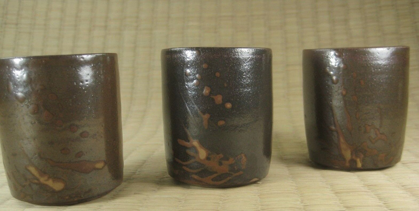 Japanese Hand Painted Set Of 3 Tall Sake Cups Tan & Brown 2"