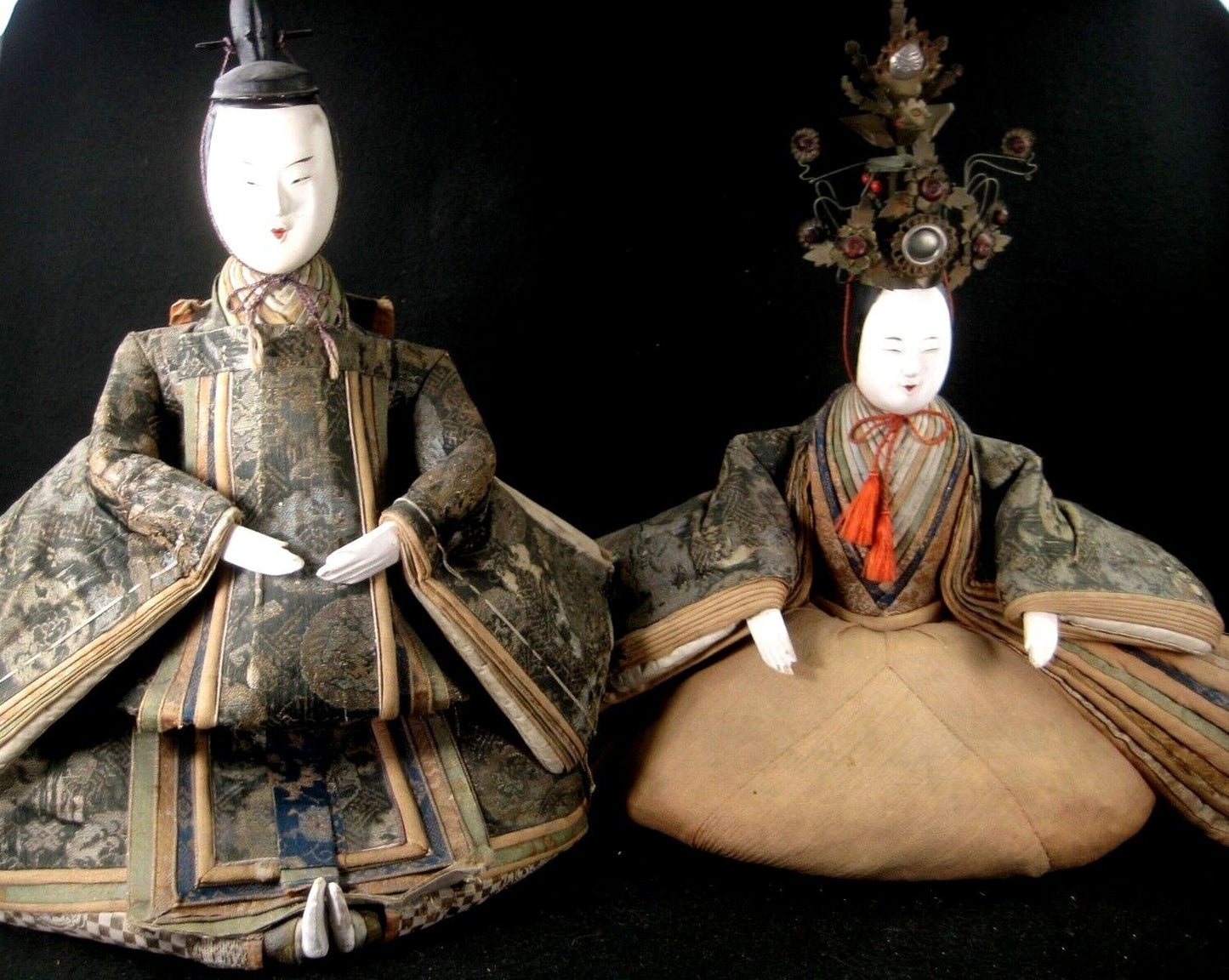 Antique Meiji Era Japanese Samurai & Court Lady Doll Set Wooden Gofun Face