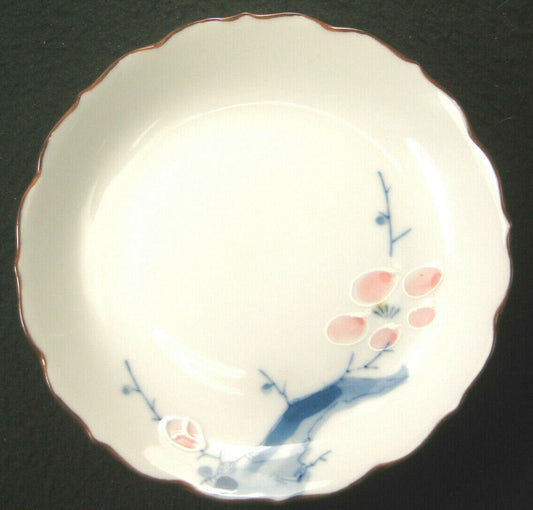Vintage Japanese Ceramic Dish Plate Plum Blossoms Pink & Blue Kashizara 5.25"