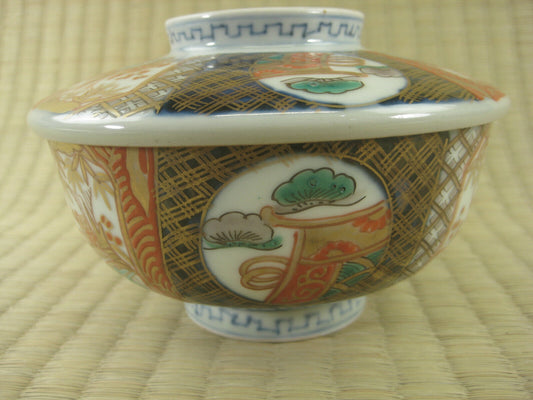 Antique Japanese Meiji Era (C.1880) Imari Ceramic Chawan Lidded Bowl Scenic