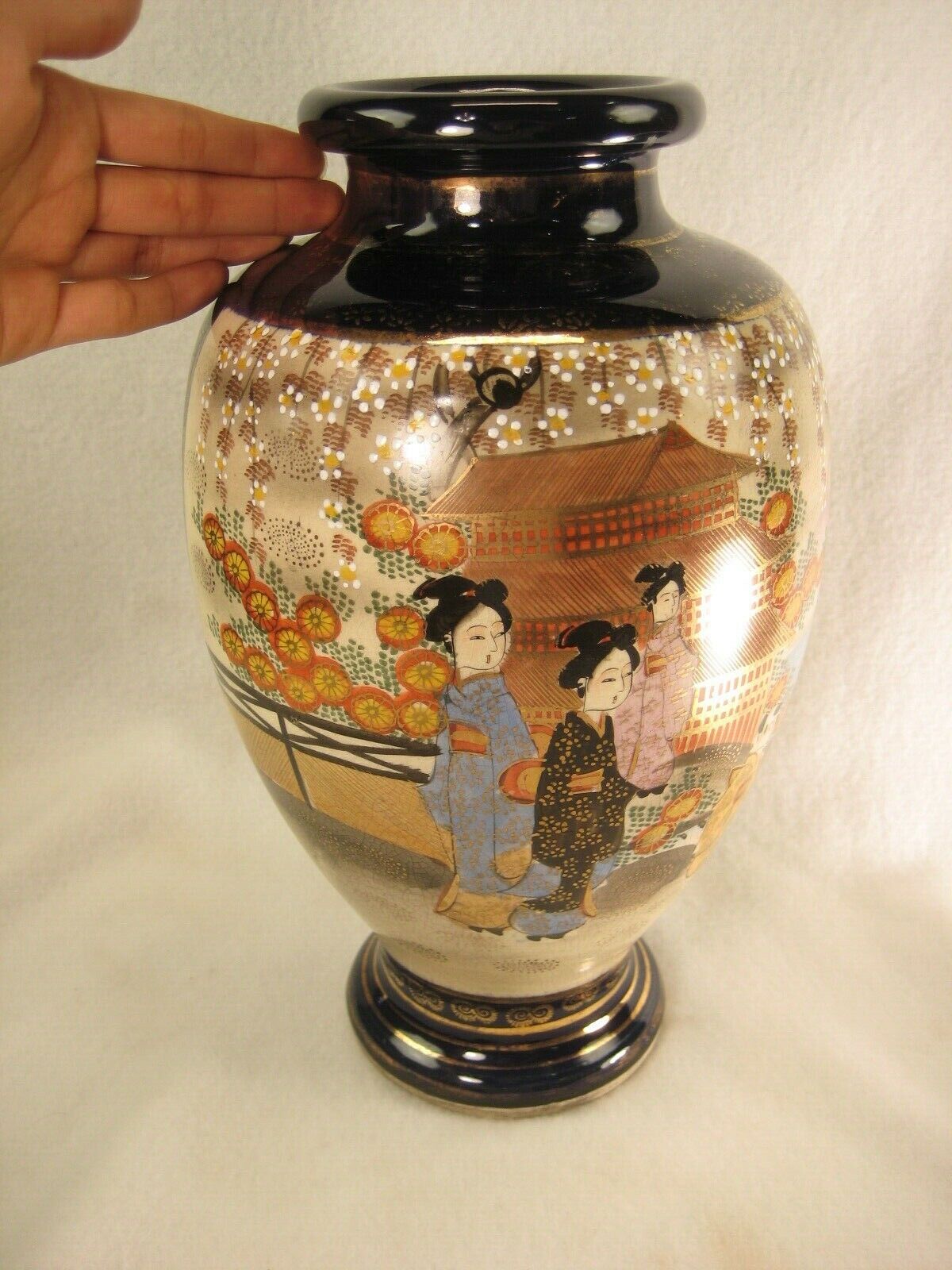 Antique Japanese Signed Ceramic Satsuma Flower Vase Scenic Kimono Geisha