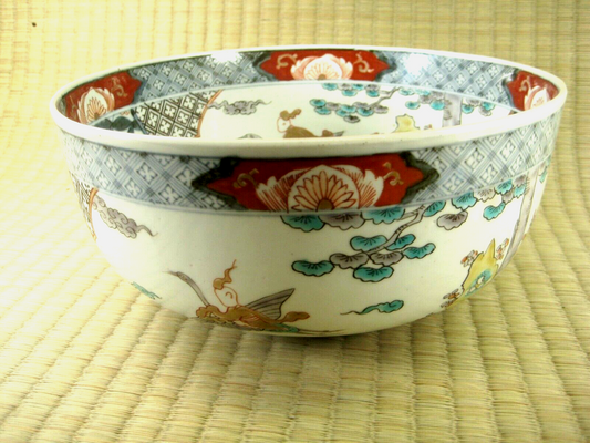Antique Japanese Meiji 1800'S Imari Ceramic Bowl Fukurokuji Riding Crane 8.5"