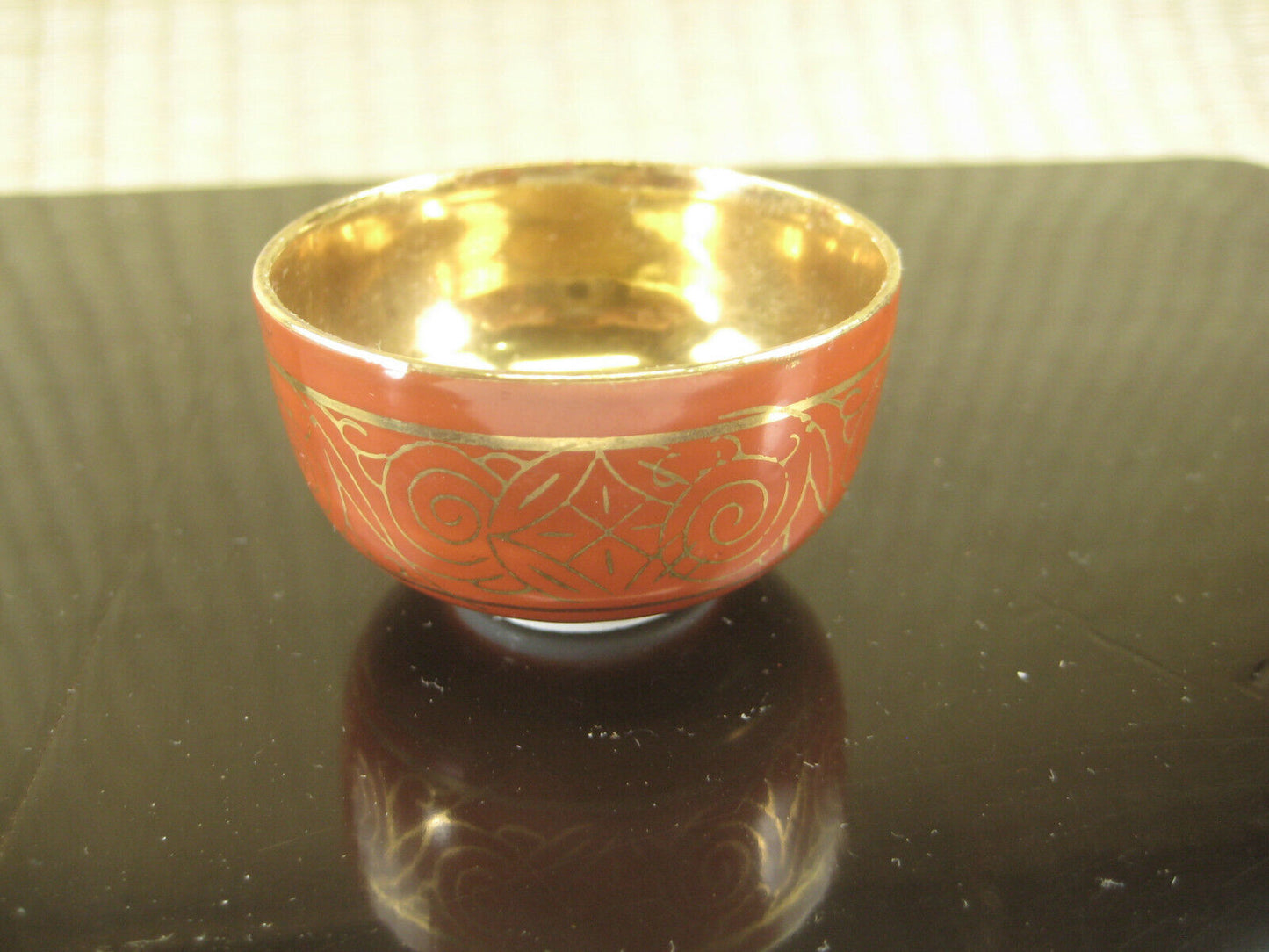 Antique Japanese (C.1900) Hand Painted Ceramic Sake Cup Red Body & Gold Bowl