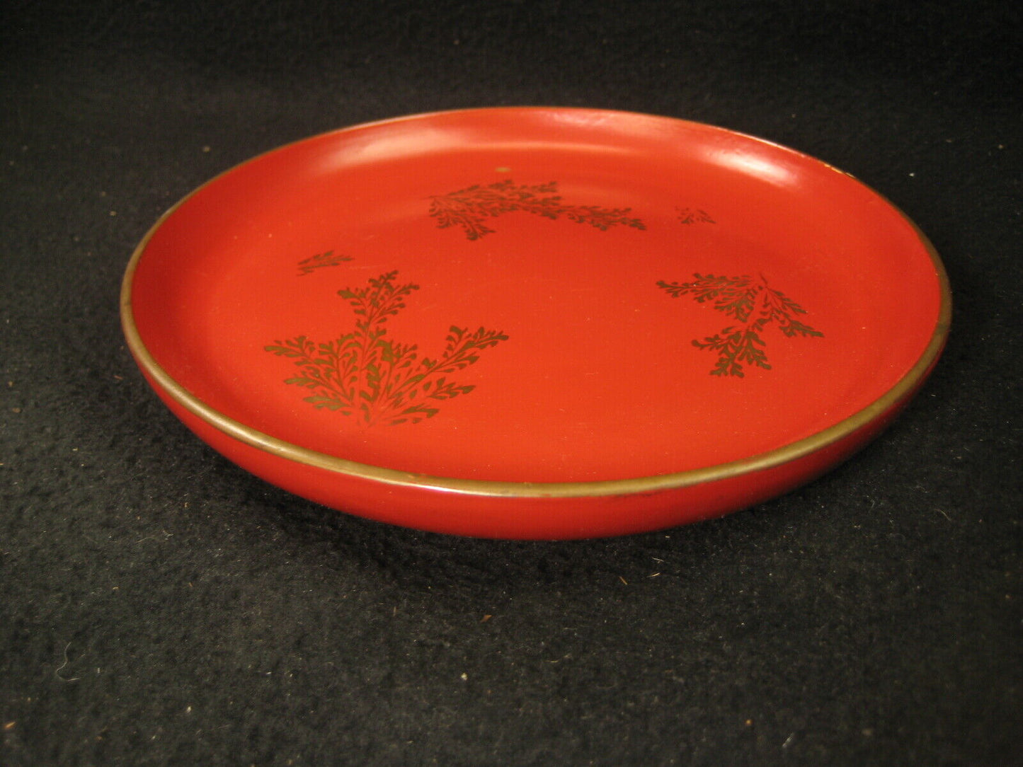 Antique (c. 1890) Japanese Kashizara Dish Plate Wood Red Lacquer Makie 7"