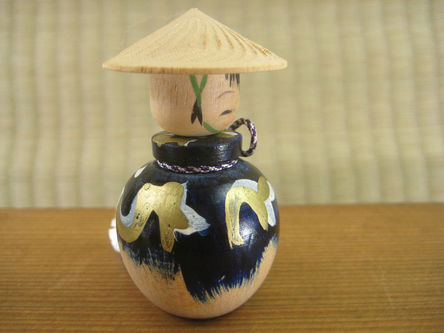 Vintage Japanese Kokeshi Small WoodenDoll W/ Hat And Calligraphy On Blue 2"