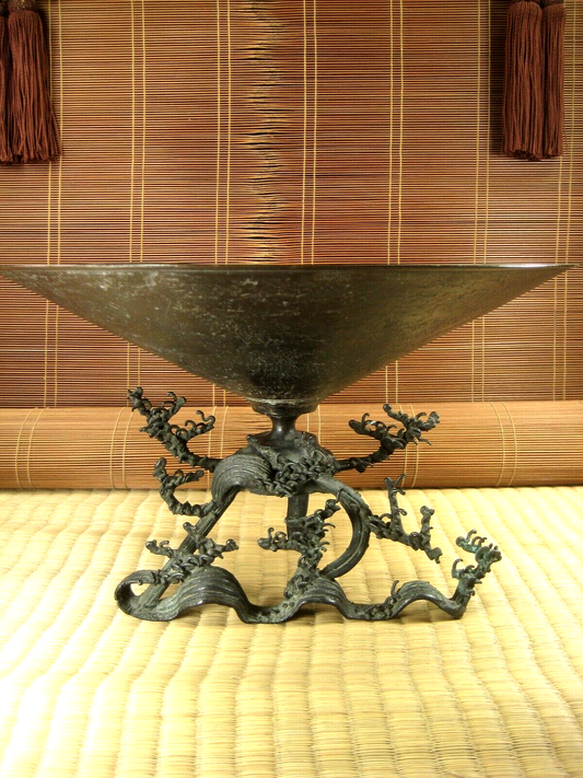 Japanese Copper Ikebana Crashing Waves And Water Vase W/ kenzan Flower Frog 12"