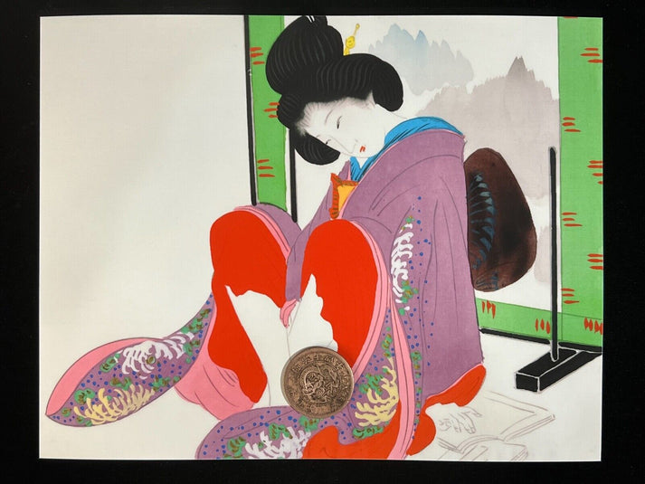 Shunga Japanese Erotic Art Giclee Print Hand Painting On Silk 10.5