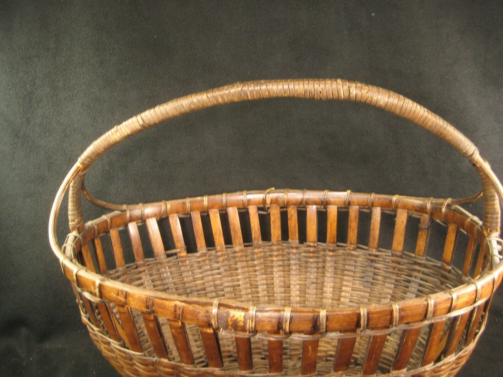Antique Japanese Taisho (C1920) Hand Made Bamboo Basket Kago With Handle