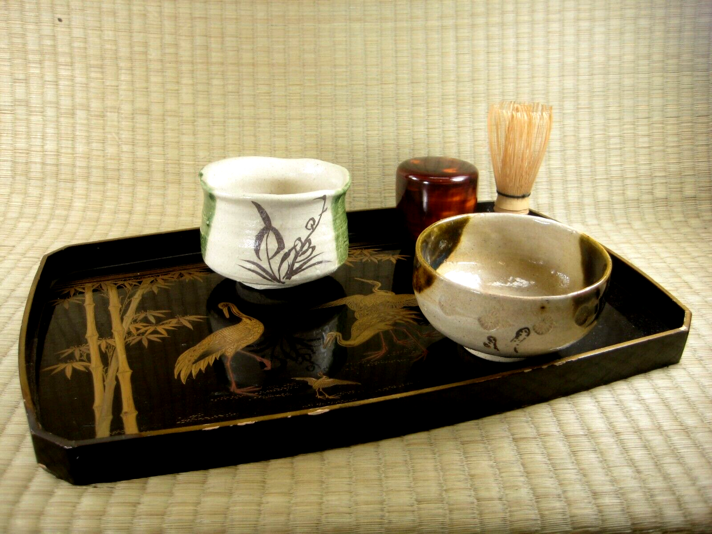 Antique Japanese Meiji Era 150 Yr Old Wood & Lacquer Obon Ozen Tray Cranes