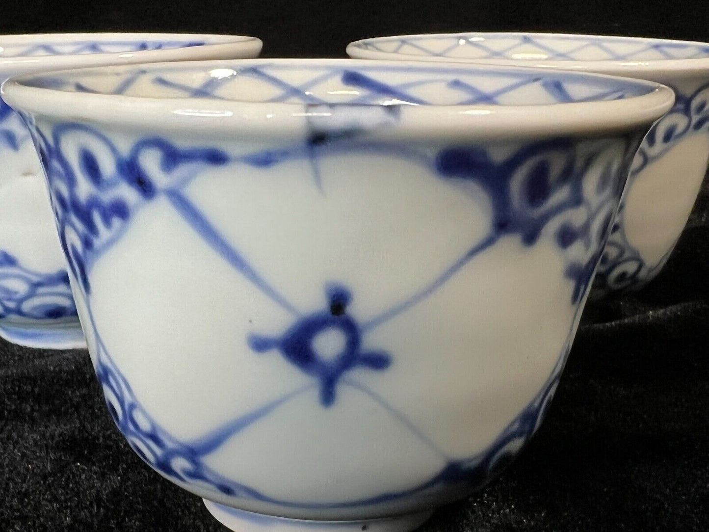 Antique Japanese Set 19Thc Imari Blue&White Hand Painted Ceramic Tea Cups 3"