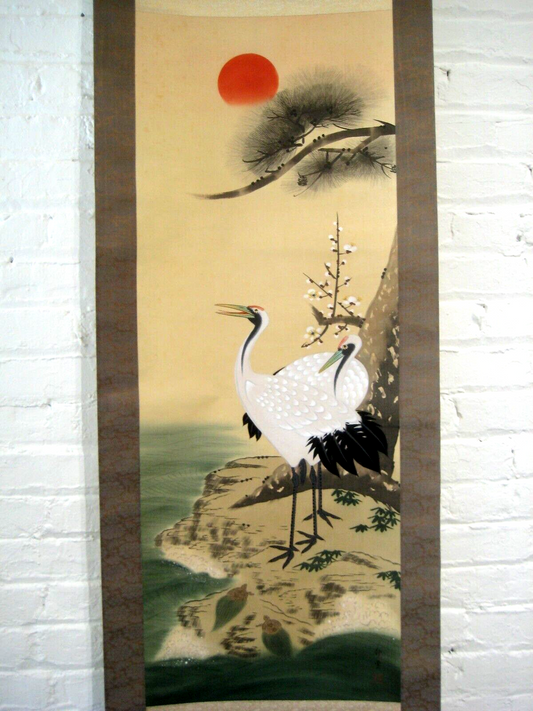 Vintage Japanese Scroll Cranes & Turtles By The Shore Beneath Pine 20.5 X 72"