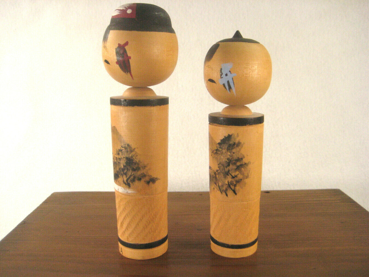 Vintage Japanese Kokeshi Pair Wooden Bobblhead Doll Hand Painted Trees 3"