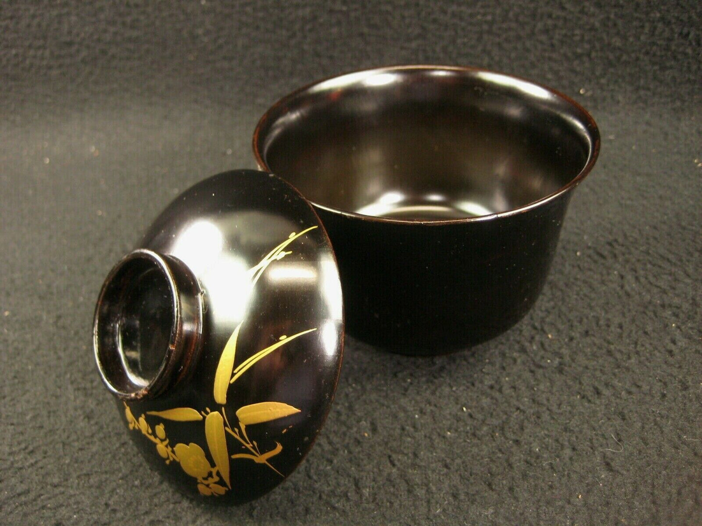 Antique Japanese Meiji Era (C.1900) Black Lacquer Lidded Soup Bowl Gold Makie