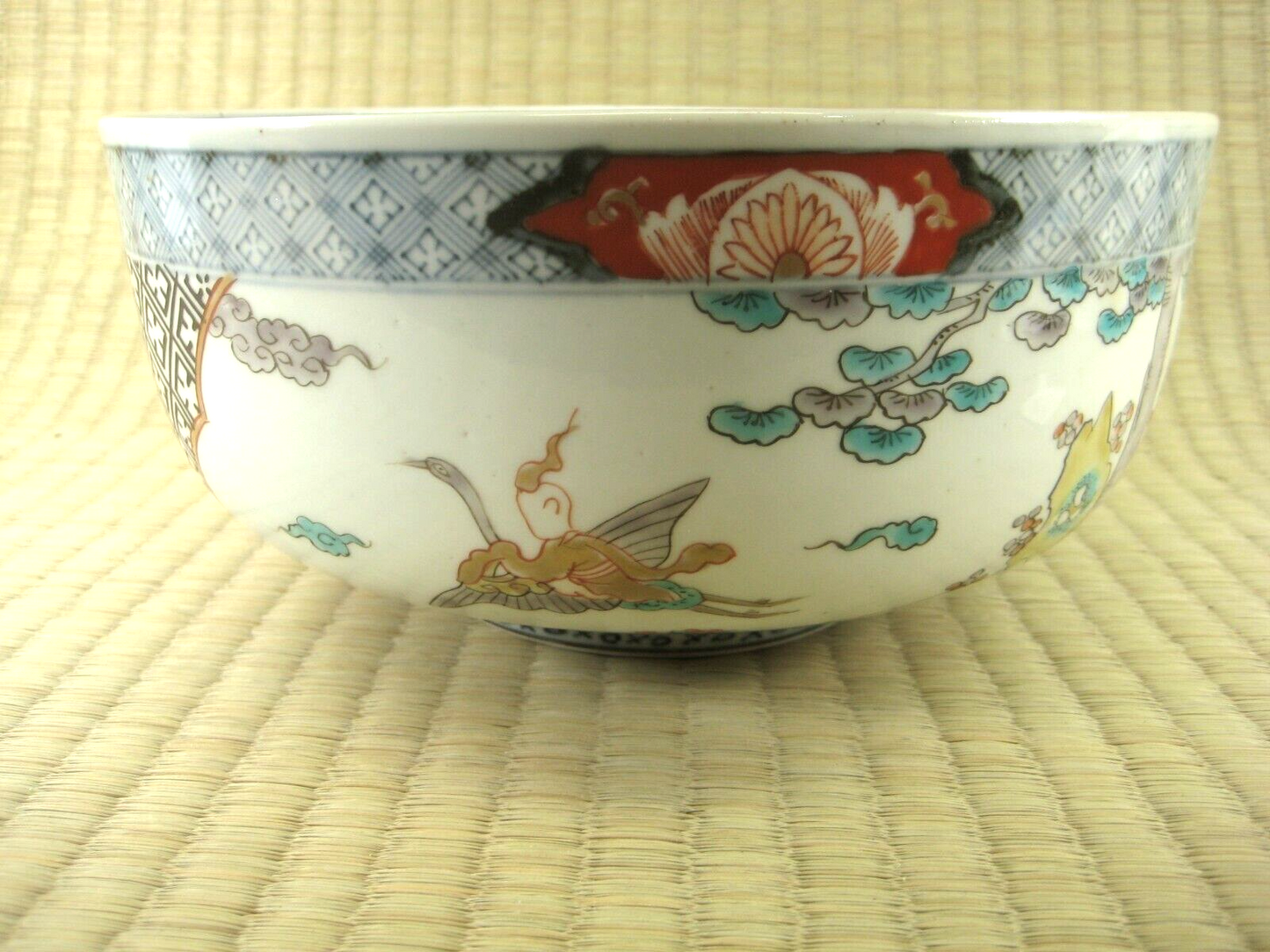 Antique Japanese Meiji 1800'S Imari Ceramic Bowl Fukurokuji Riding Crane 8.5"