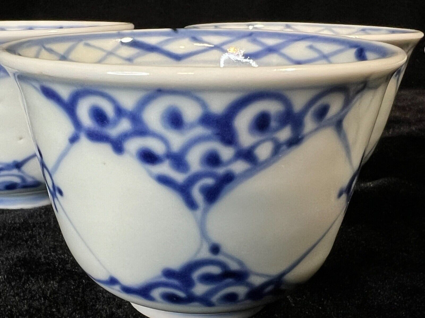Antique Japanese Set 19Thc Imari Blue&White Hand Painted Ceramic Tea Cups 3"