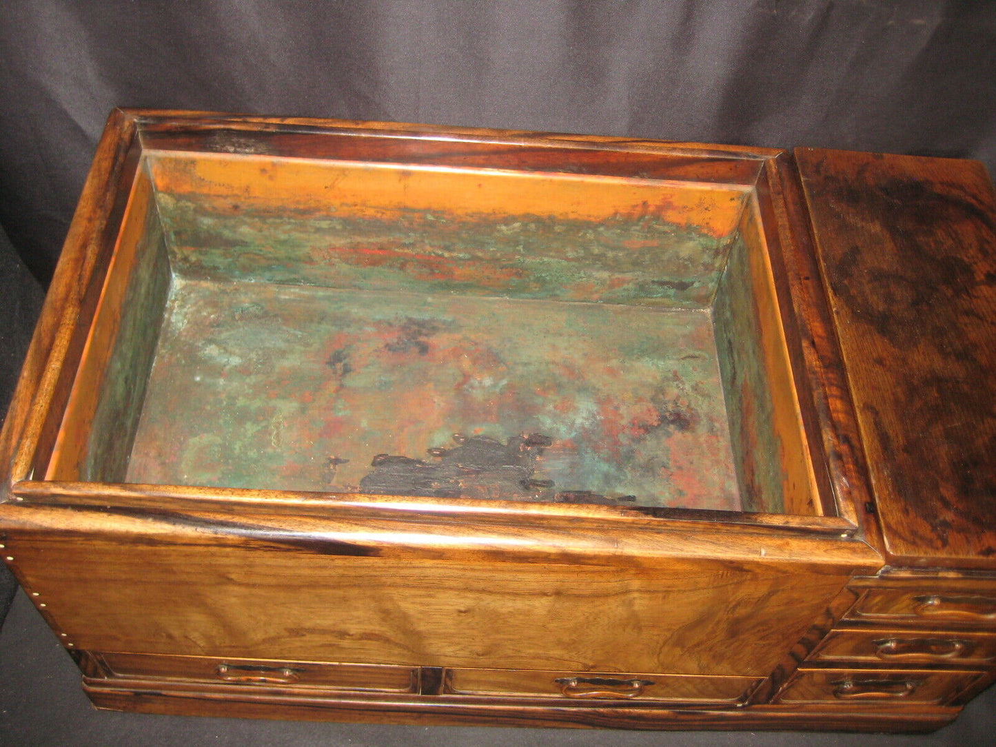 Antique Japanese C.1880 Meiji Era Naga-Hibachi Wooden Brazier  5 Drawer Tansu