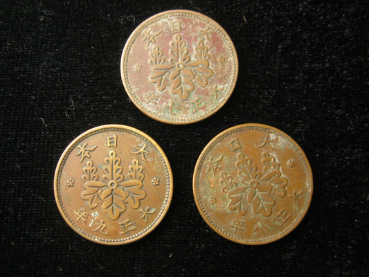 Vintage Japanese Set Of Three 1Sen Bronze Coins 1918 1919 1920 Imperial Crest