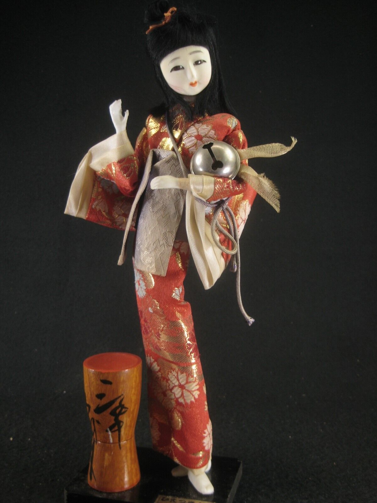 Vintage Japanese Geisha Doll W/ Bell In Red & White Sakura Kimono 11"