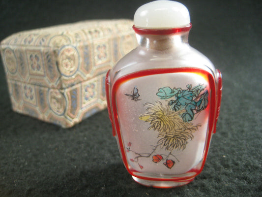 Vintage (c. 1950) Chinese Reverse-Painted Snuff Bottle w/ Glass Overlay