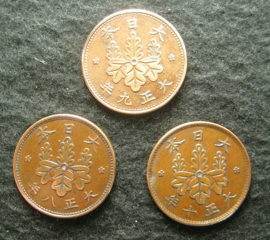 1919/20/21 JAPANESE COINS SET OF 3 1SEN ー錢 PAULOWNIA CREST BRONZE TAISHO 8 9 10