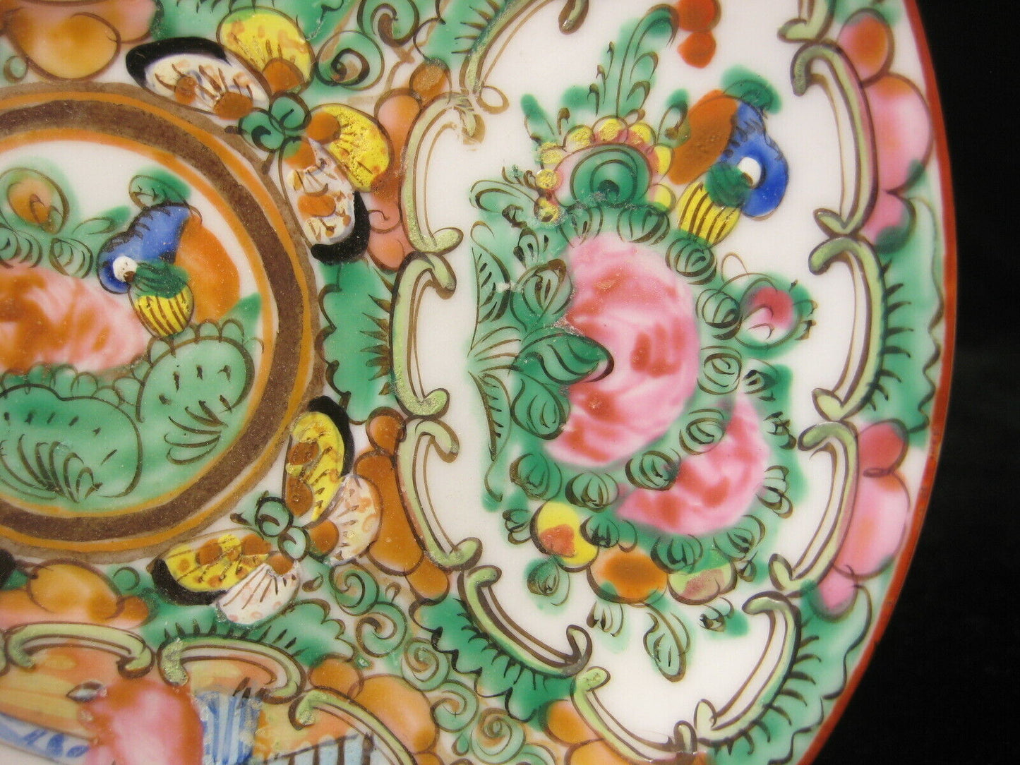 Vintage Chinese Ceramic Hand Painted Plate Dish Pink Green Birds & Flowers 5"