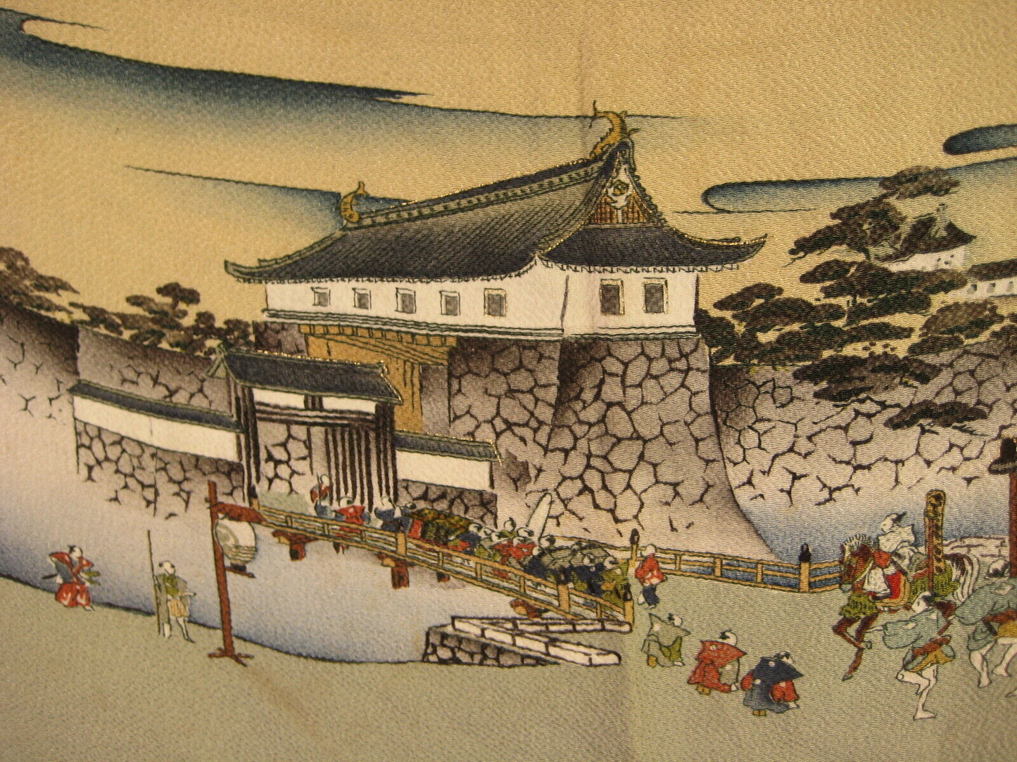 Vintage Japanese C. 1950 Katazome Stencil  Dyed Crepe Silk  Fabric Furoshiki